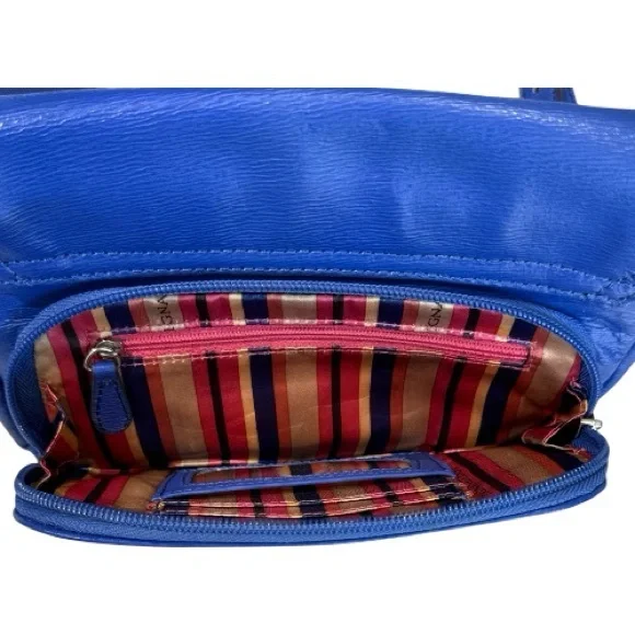 Tignanello Leather Crossbody Bag Blue Adjustable Strap Colorful Striped Lining - Picture 8 of 15
